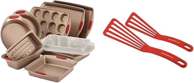 Rachael Ray Cucina Nonstick Bakeware Set Baking Cookie Sheets Cake Muffin Bread Pan, 10 Piece, Latte Brown with Cranberry Red Grips & KitchenTools and Gadgets Nylon Cooking Utensils, 2 Piece, Red