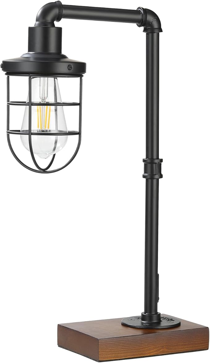 CONCA Steampunk Industrial Lamp, E26 Base Rustic Edison Light with Caged Wood Base and Iron Tube (Black)