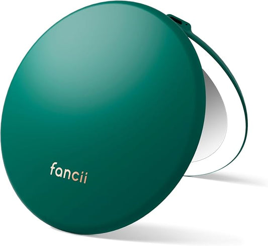 Fancii Taylor Rechargeable Travel Makeup Mirror with LED Lights, 10x /1x Magnifying, 3 Light Settings, Large 5” Wide | Compact Mirror for Purses (Emerald Envy)