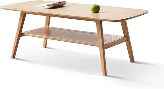 2-Tier Solid Oak Wood Coffee Table - Practical Center Table with Double Storage for Small Apartments, Living Rooms, Bedrooms, and Offices (Natural, 39.37" D x 19.69" W x 17.32" H)