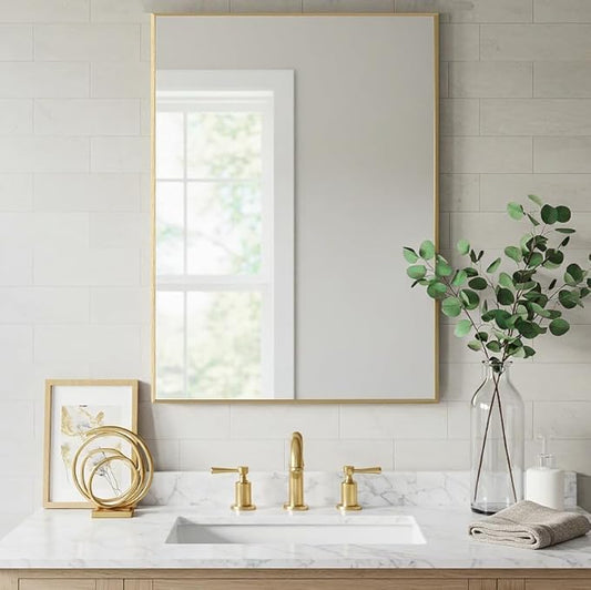 24x30 Inch Gold Bathroom Mirror - Copper-Free Mirror, Aluminum Alloy Frame Vanity Rectangle Wall Mounted Modern Mirror for Bedroom/Living Room/Porch Horizontal or Vertical
