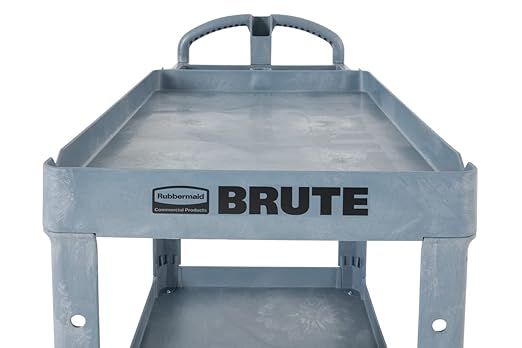 Rubbermaid Commercial Products BRUTE Heavy Duty 2-Shelf Utility/Service Cart, Medium, Lipped Shelves, Ergonomic Handle, 500 lbs. Capacity, Gray, for Warehouse/Garage/Cleaning/Maintenance/Stadiums