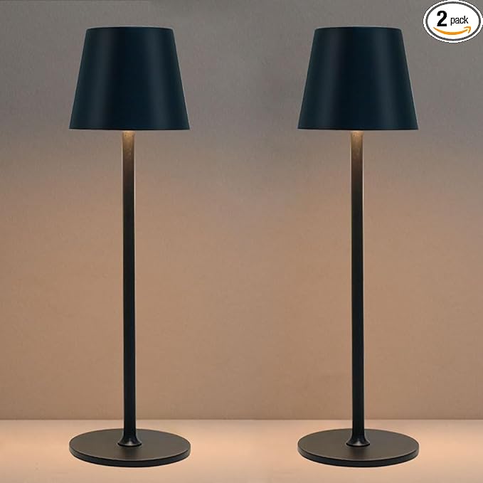 2 Pack Cordless Table Lamps, Rechargeable Portable 5000Mah Battery Operated Lamp, LED 3 Color Stepless Dimming Touch Bedside Lamp, Desk Light For Restaurant, Patio, Bedroom, Outdoor, kitchen-Black