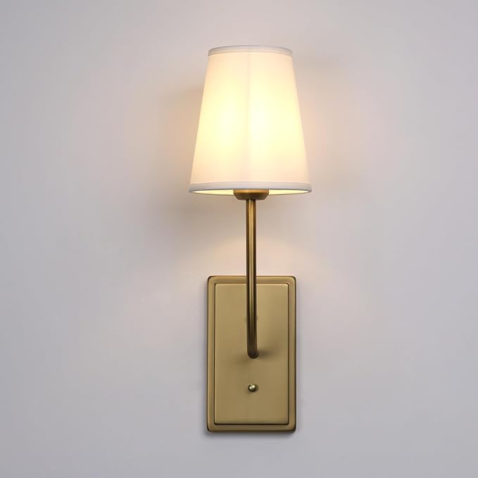 Vintage Brass Wall Sconce 1-Light, White Fabric Shade Wall Lamp Hardwired Indoor Wall Light for Bedroom Living Room Vanity Bathroom