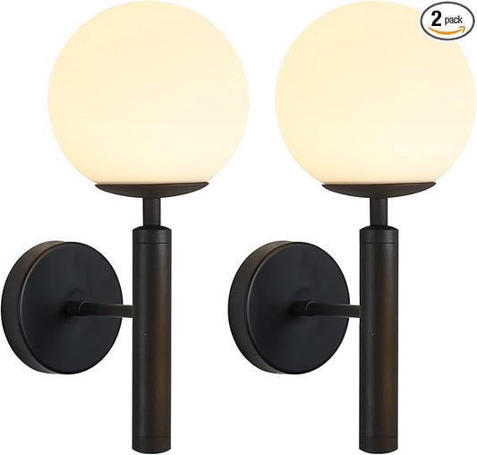KCO Lighting Black Modern Glass Globe Wall Sconce Mid Century Wall Mounted Set of 2 Vanity Light for Bedroom Living Room Aisle(Black 2 Pack)
