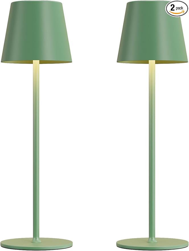 Kakanuo Cordless Table Lamp Rechargeable Green - KK 2 Pack 5000mAH Battery Operated Lamp for Dining Table, 3 Color Stepless Dimming Wireless Lamp for Counter, Outdoor Patio, Touch Control