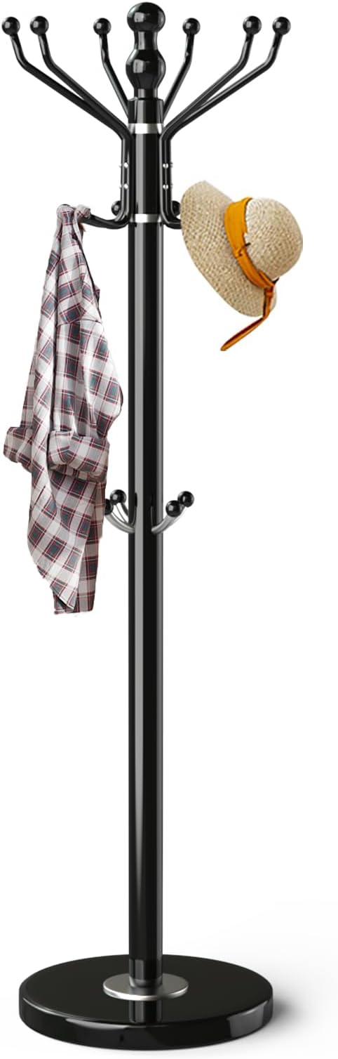 Metal Modern Coat Rack Stand, Sturdy Freestanding Coat Rack with Natural Marble Base, Coat Racks and Coat Hall Tree Hanger Stand for Entryway, Hallway, Office (16 Hooks-Black)