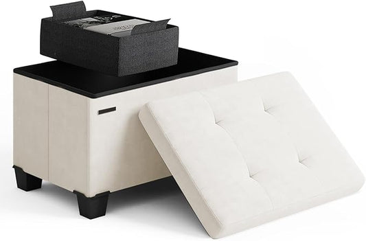 STORAGEBUD Storage Ottoman Cube with Small Bin, 16-in Square Ottoman with Storage for Living Room and Bedroom, Small Ottomans Foot Rest, Velvet Foot Stools Ottomans Max 330lbs, Cream