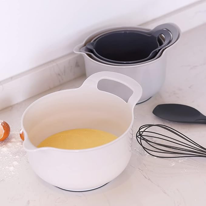 BoxedHome 4 Pack Nesting Mixing Bowl with Pour Spout and Handle, BPA free Microwave & Dishwasher Safe(Grey, 4 Pack with Handle)