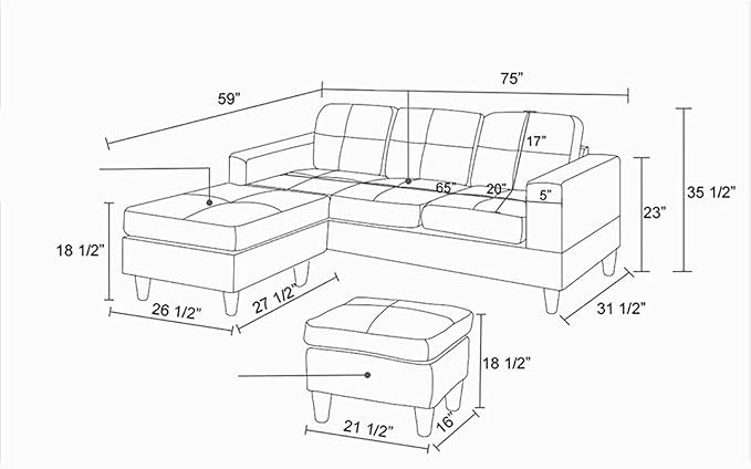 L Shaped Sofa with Ottoman, Modern Faux Leather Couch with Chaise, 3 Seat Living Room Sofa Set with Solid Wood, for Home, Apartment, Study Room, Brown Chocolate