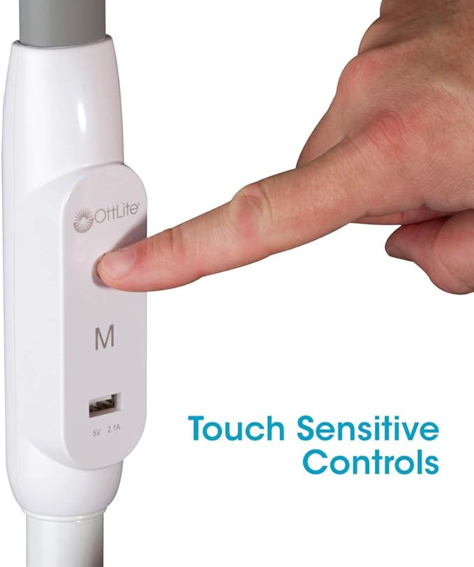 OttLite LED Floor Lamp with USB Port & Tablet Stand – Modern White Design, ClearSun LED Standing Light, USB Charger, Touch Activated Controls, for Crafting, Reading, Work