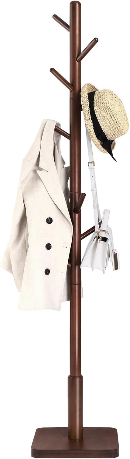 VASAGLE Solid Wood Coat Rack, Free Standing Hall Coat Tree with 8 Hooks, 3 Height Options, for Coats, Hats, Bags, Purses, for Entryway, Hallway, Rubberwood Hooks and Pole, Dark Walnut URCR010W01