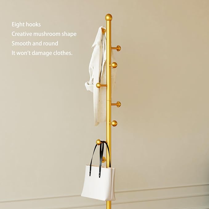 Gold coat rack,Metal coat hanger stand,Coat Tree freestanding Heavy duty with 8 Hooks and Cast iron base for coats,Hat,scarf,jacket,purse