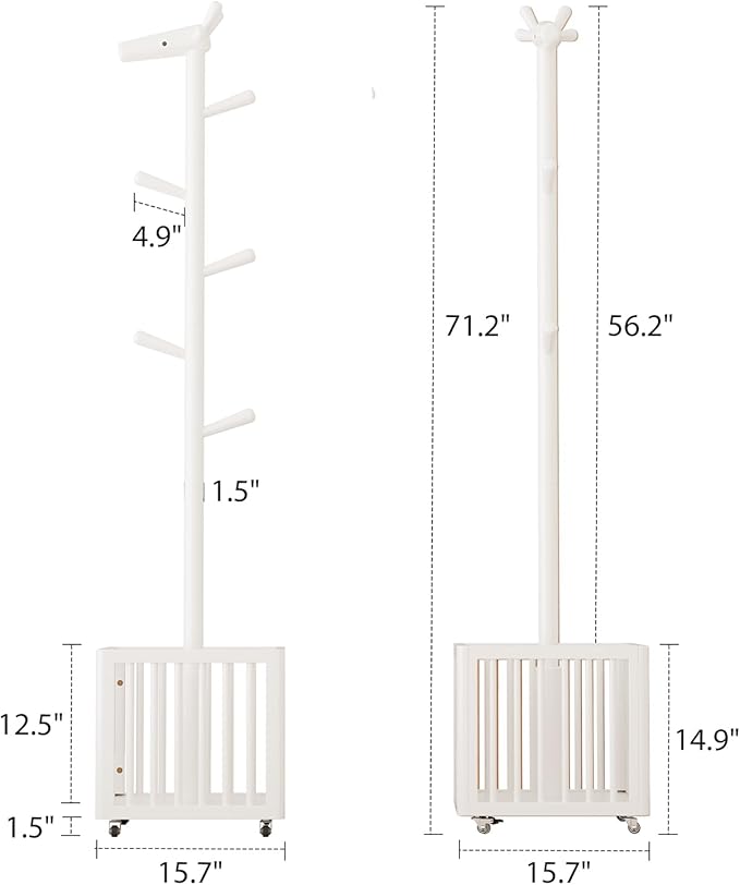 Coat tree freestanding heavy duty，Wooden coat rack freestanding for Entrance, Bedroom, Living room(White)