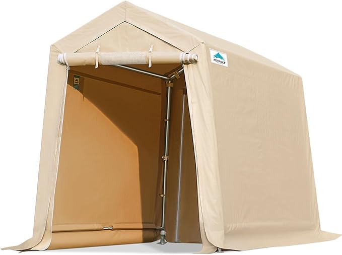 ADVANCE OUTDOOR 6x8 ft Outdoor Portable Storage Shelter Shed with 2 Roll up Zipper Doors & Vents Carport for Motorcycle Waterproof and UV Resistant Portable Garage Kit Tent, Beige