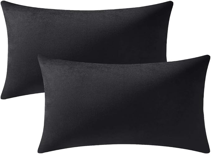 DEZENE Decorative Pillow Covers 12x20 Black: 2 Pack Cozy Soft Velvet Rectangular Throw Pillow Cases for Farmhouse Home Decor