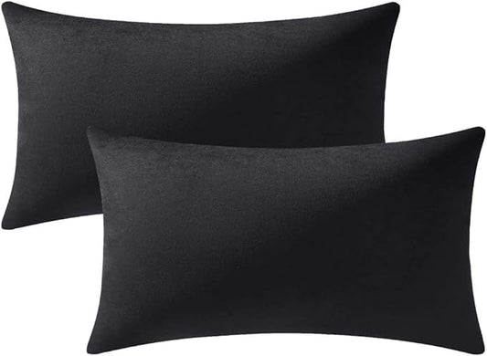 DEZENE Decorative Pillow Covers 12x20 Black: 2 Pack Cozy Soft Velvet Rectangular Throw Pillow Cases for Farmhouse Home Decor