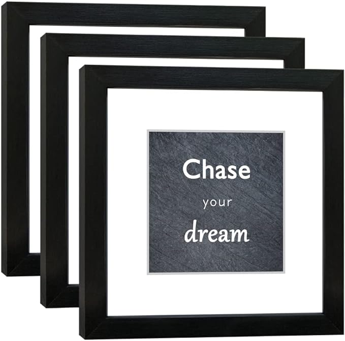 8x8 Picture Frame Set of 3 with Real Glass for Pictures 5x5 with Mat or 8x8 Without Mat, Wall Gallery or Tabletop display Photo Frames in Black