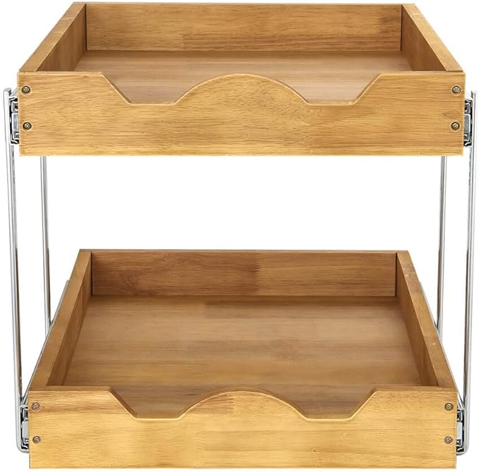 DINDON 2 Tier Pull Out Cabinet Organizer (14" W x 18" D) Slide Out Wood Drawer, Two Tier Sliding Shelf Organization and Storage…
