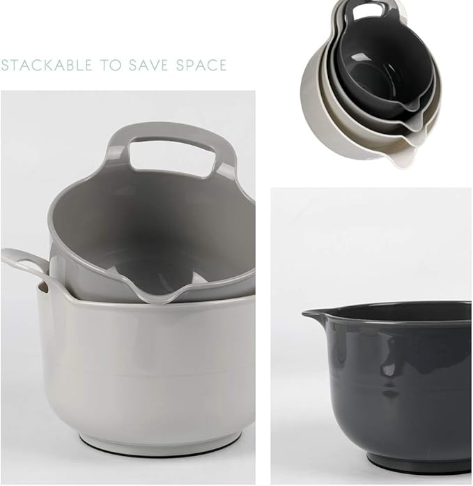 BoxedHome 4 Pack Nesting Mixing Bowl with Pour Spout and Handle, BPA free Microwave & Dishwasher Safe(Grey, 4 Pack with Handle)