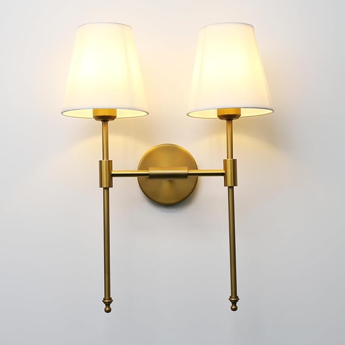 PERMO Classic Rustic Double Sconce 2-Lights Wall Sconce Lighting Fixture with Flared White Textile Lamp Shade and Antique Brass Finished Long Arm,Wall Sconce Light Fixture for Bathroom Bedroom
