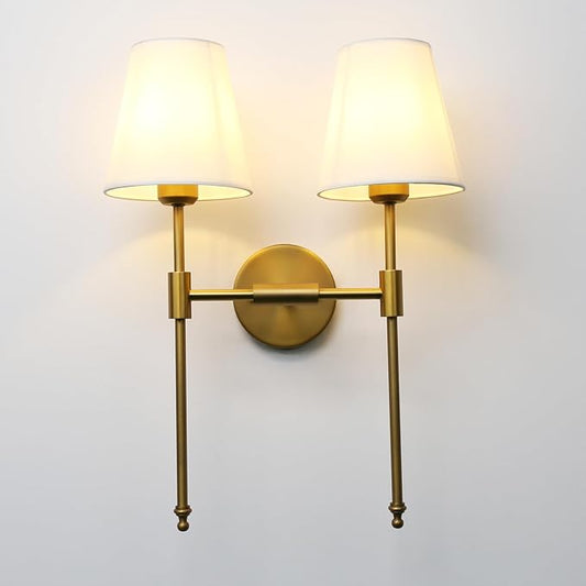 PERMO Classic Rustic Double Sconce 2-Lights Wall Sconce Lighting Fixture with Flared White Textile Lamp Shade and Antique Brass Finished Long Arm,Wall Sconce Light Fixture for Bathroom Bedroom
