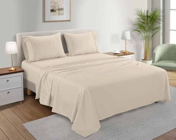 Twin XL 100% Cotton Sheets For Twin Bed, 300TC Fully Elasticated Fitted Sheet & Pillowcase Sets, Fade Resistant Soft & Comfy Deep Pocket Sheets Machine Washable, Naturally Cool & Breathable- Ivory