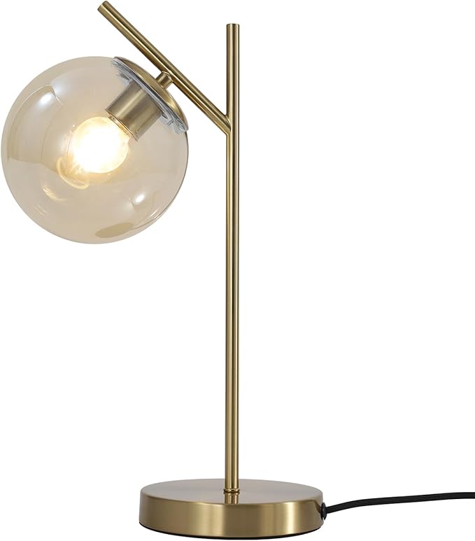 Mid Century Modern Table Lamp Gold Globe Nightstand Lamp with Cognacs Glass lampshade Metal Brass Desk Lamp for Bedroom Living Room Study Room
