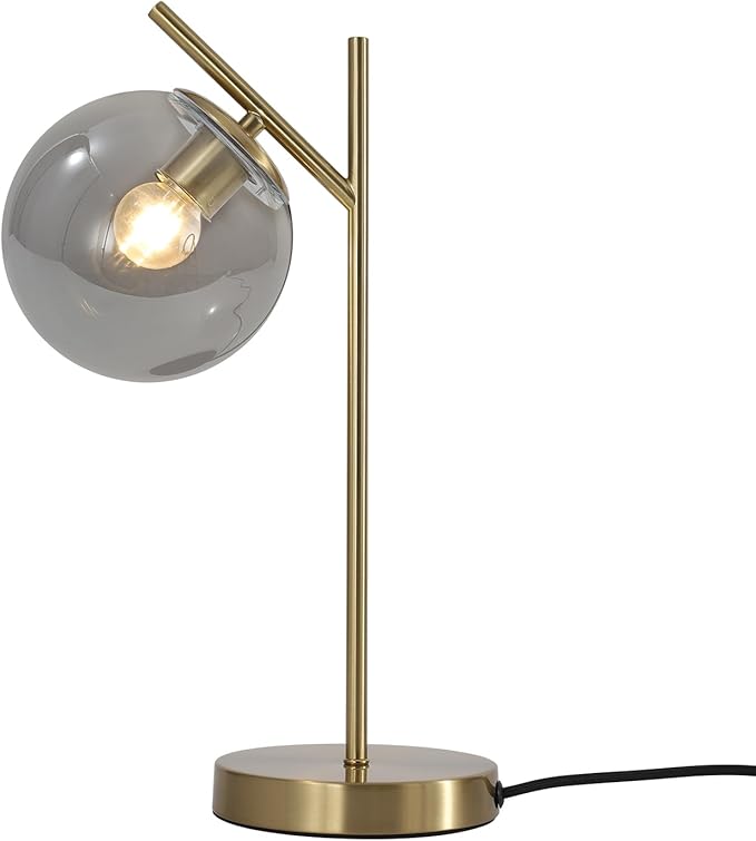 Mid Century Desk Lamp Glass Globe Table Lamp with Gray Glass lampshade Gold Modern Bedside Lamps for Bedroom Living Room Study Room