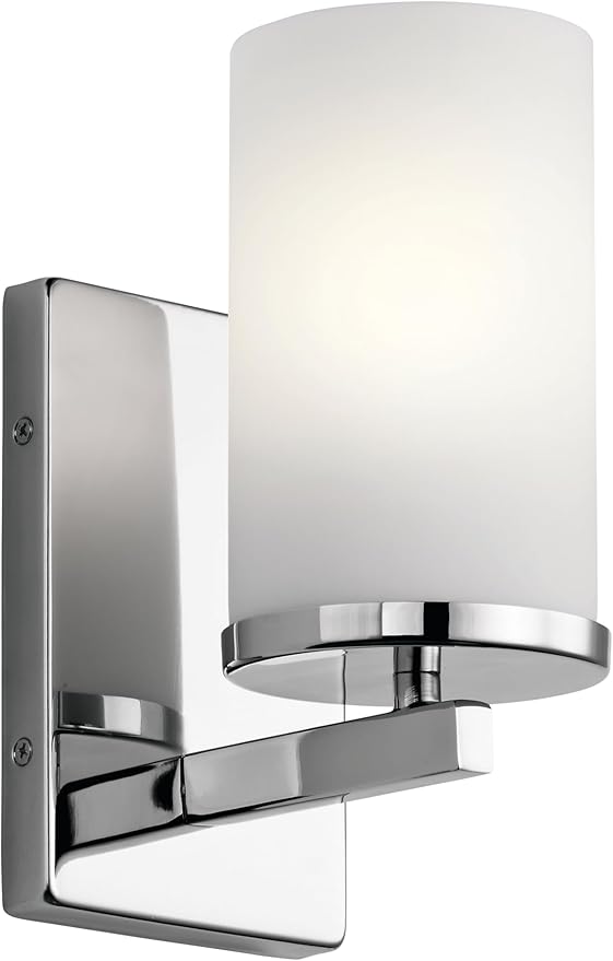 Kichler Crosby 9.25" Wall Sconce in Chrome, 1-Light Contemporary Hallway or Bathroom Light with Satin Etched Cased Opal Glass, (9.25" H x 4.5" W), 45495CH