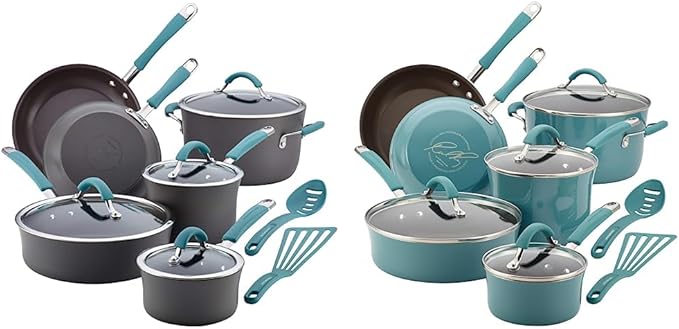 Rachael Ray Cucina Hard Anodized Nonstick Cookware Pots and Pans Set, 12 Piece, Gray with Blue Handles & Cucina Nonstick Cookware Pots and Pans Set, 12 Piece, Agave Blue
