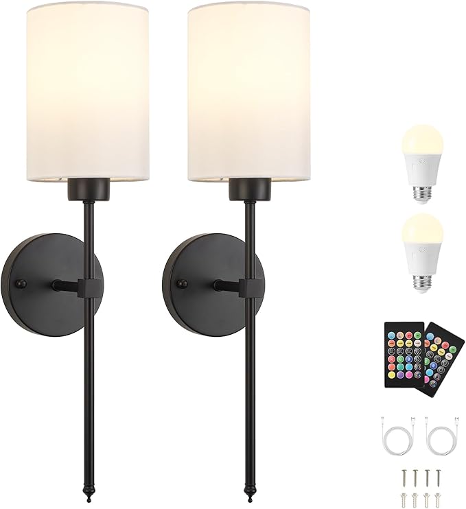 Battery Operated Wall Sconces Set of Two,Wireless Rechargeable Wall Light With Remote Control, Dimmable, Amber Light/Warm White/Natural White/Daylight/RGB, Timer,for Living Room,Bedroom,Entryway,Black