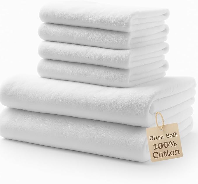 Luxury Hotel-Quality White Towel Set – 6 Pc Oversized Bath Towels & Washcloths, 563 GSM 100% Ring-Spun Cotton, Ultra-Soft Spa Textured, Fast-Drying & Durable – Ideal for Home, Airbnb, Dorm