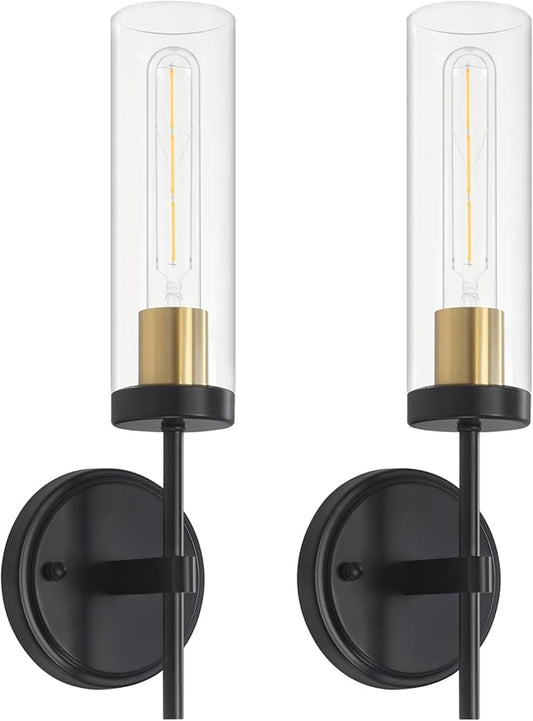 Wall Sconces Set of 2, Black and Gold Modern Bathroom Vanity Lights with Clear Glass, Sconces Wall Decor Set of 2, Hardwired wall Sconce Lighting, Indoor Wall Lights for Bedroom Living Room Hallway