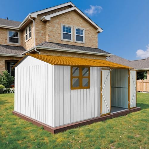 10 x 8 FT Outdoor Storage Shed with Floor, Metal Garden Tool Shed with Vents,Windows,Slooping Roof and Lockable Doors, All-Weather Bike Shed Easy to Assemble for Backyard, Patio, Lawn,White+Yellow