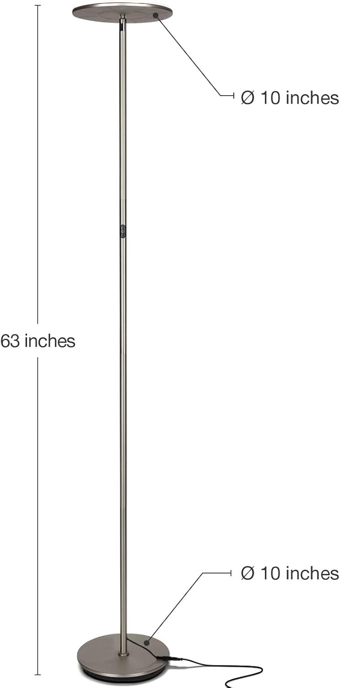 Brightech Sky LED Floor lamp, Torchiere Super Bright Floor Lamp for Living Rooms & Offices - Dimmable, Tall Standing Lamp for Bedroom Reading - Brushed Nickel
