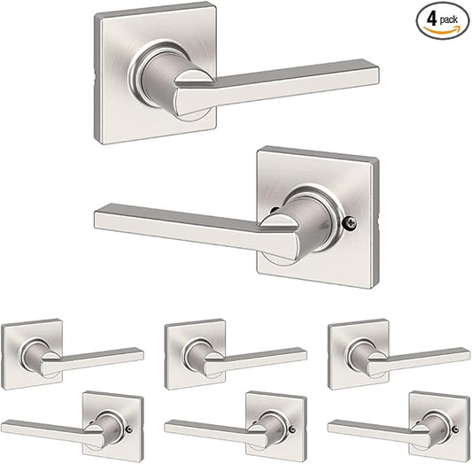 Kwikset Casey Interior Passage Door Handle, Lever for Closet and Hallway Doors, Reversible Non-Locking Handle Lever, Satin Nickel, with Microban Protection (Pack of 4)