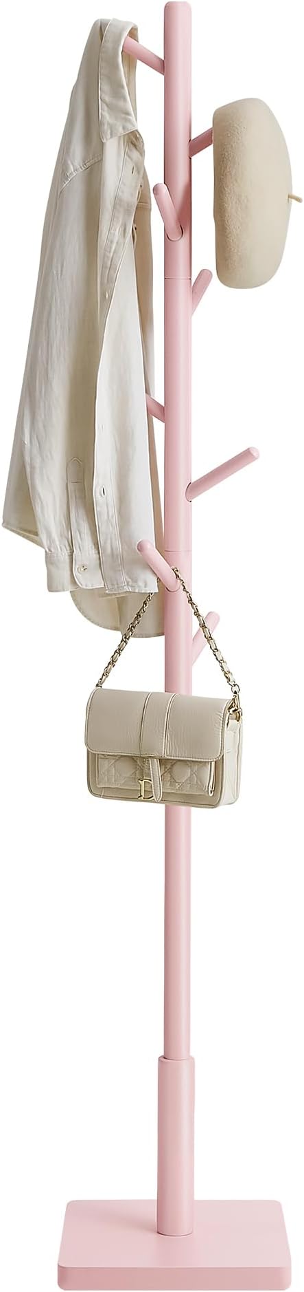 VASAGLE Solid Wood Coat Rack, Free Standing Hall Coat Tree with 8 Hooks, 3 Height Options, for Coats, Hats, Bags, Purses, for Entryway, Hallway, Rubberwood Hooks and Pole, Jelly Pink URCR010R01