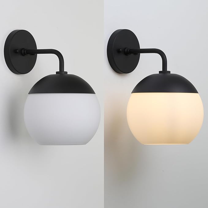 Modern Wall Sconce with Frosted Glass Globe Lampshade, Metal Base Industrial Wall Light Fixture, Indoor Wall Mounted Lamp for Vanity Bathroom Bedroom Living Room