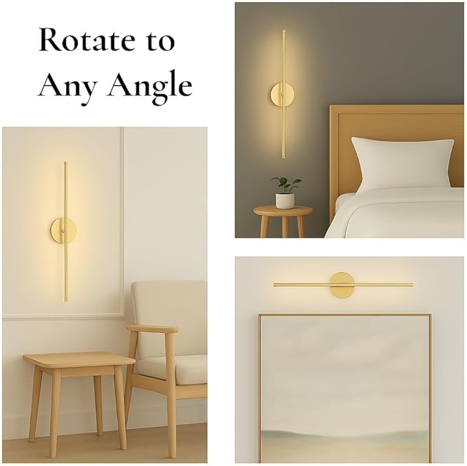 Wireless USB Rechargeable LED Wall Sconce Light (Set of Two), Cordless Dimmable 3-Light Option, 360⁰ Rotateable with Remote Control for Bedroom, Bathroom, Living Room & Hallway (Gold)