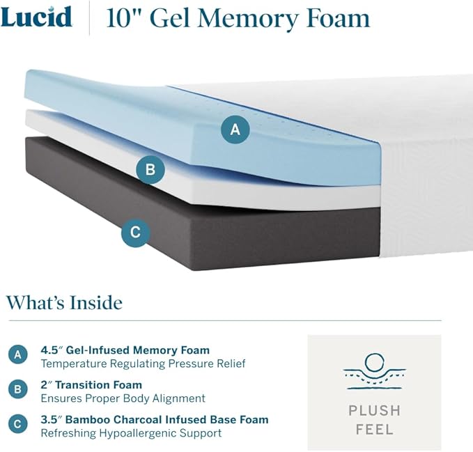 LUCID 10 Inch Memory Foam Mattress - Plush Feel - Infused with Bamboo Charcoal and Gel - Bed in a Box - Temperature Regulating - Pressure Relief - Breathable - King Size