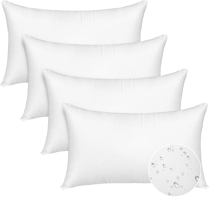 Pack of 4 12x20 Outdoor Pillow Inserts, Water Resistant Throw Pillow Inserts, Outdoor Lumbar Pillow for Patio, Furniture, Sofa, Bed, Living Room, Garden Decorative Waterproof Pillow Inserts