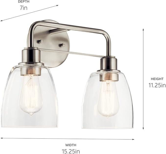 Kichler, Meller 15.25 Inch 2 Light Vanity Light with Clear Glass in Brushed Nickel, 55101NI