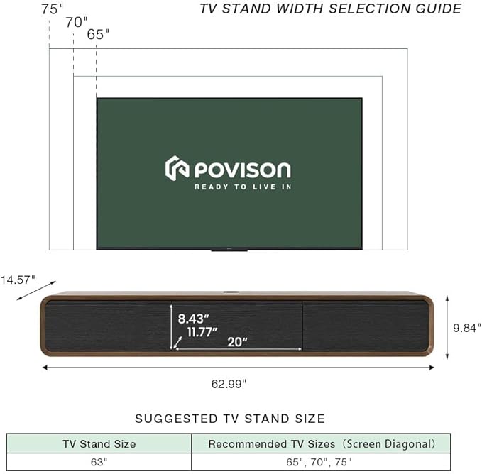 POVISON Fully Assembled Floating TV Stand with LED Lights, 63" Modern Wall-Mounted Media Console with 3 Flip-Down Cabinet Doors, Solid Wood Floating Entertainment Center for 55 Inch TV