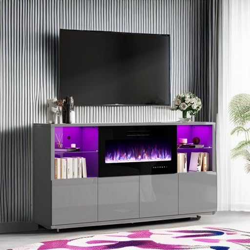 68" Modern Fireplace TV Stand for TVs up to 75", High Gloss Entertainment Center with 40" Fireplace, 4 Shelves & Storage Cabinets, Media Console Table,Grey