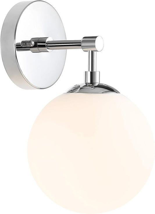 XiNBEi Lighting Globe Wall Sconce Modern 1 Light Chrome Sconce Bathroom Opal Glass Vanity Wall Light Fixture for Bath, Hallway & Bedroom XB-W1211-CH