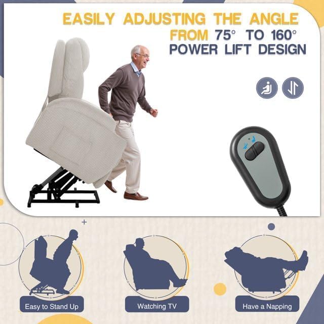 Electric Power Lift Recliner Chair with Massage for Elderly Corduroy Fabric Recliner Single Sofa with Cup Holders, Side Pockets and Remote Control for Living Room Bedroom (White)