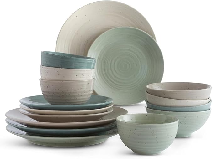 Sango Siterra Artist's Blend 16-Piece Stoneware Dinnerware Set – Service for 4, Mixed Glossy Finish with Unique Speckled Design, for Everyday Dining & Entertainment, Dishwasher & Microwave Safe