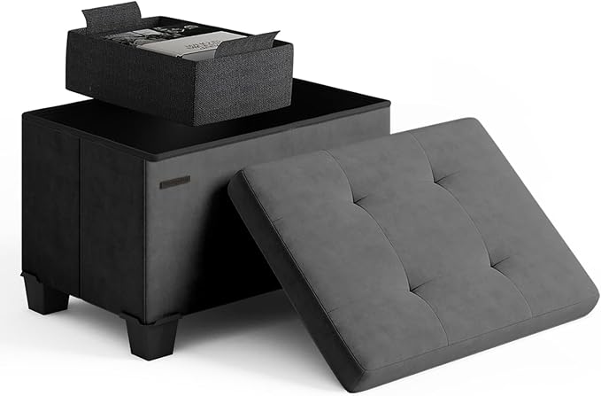 STORAGEBUD Storage Ottoman Cube with Small Bin, 16-in Square Ottoman with Storage for Living Room and Bedroom, Small Ottomans Foot Rest, Velvet Foot Stools Ottomans Max 330lbs, Grey