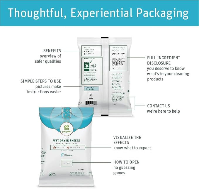 Grab Green Wet Dryer Sheets, 96 Count, Fragrance Free, Plant Based, Softens Fabrics, Reduces Static Cling and Wrinkles